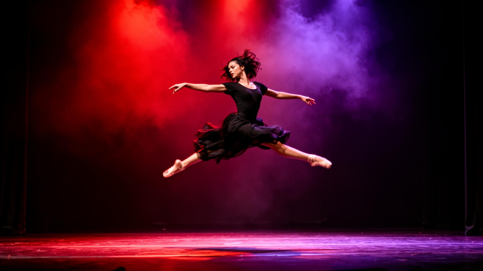 Dancer mid-leap under dramatic scarlet and violet stage lighting