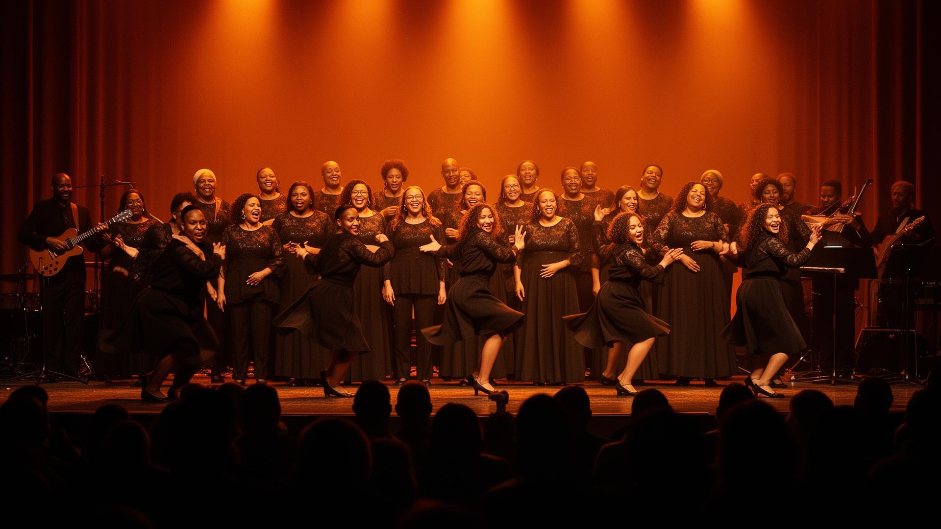 Hued Songs choir and dancers performing on stage